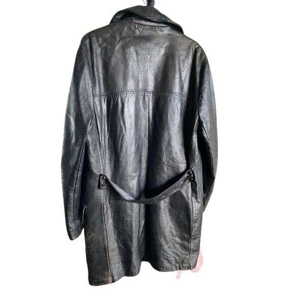 Vintage Lightly Distressed Black Leather Trench Coat Wooden Button Mens Med 38 - Picture 2 of 16